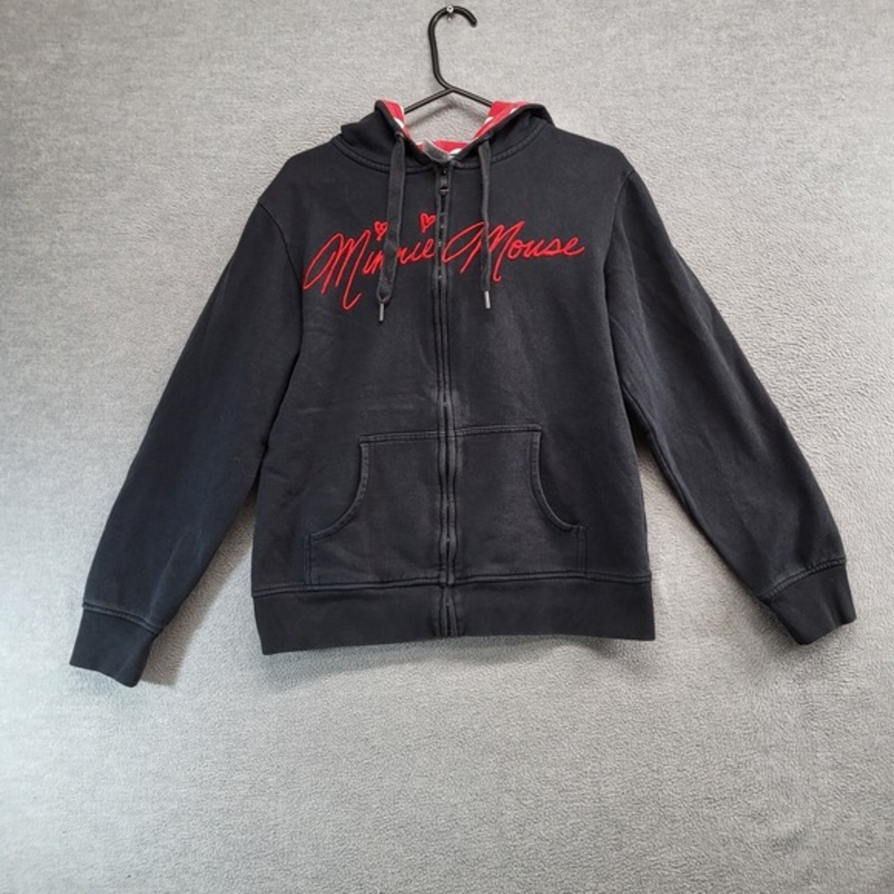 Disney Parks Women Sweatshirt Large‎ Black Hoodie Minnie Mouse Bow Embroidered